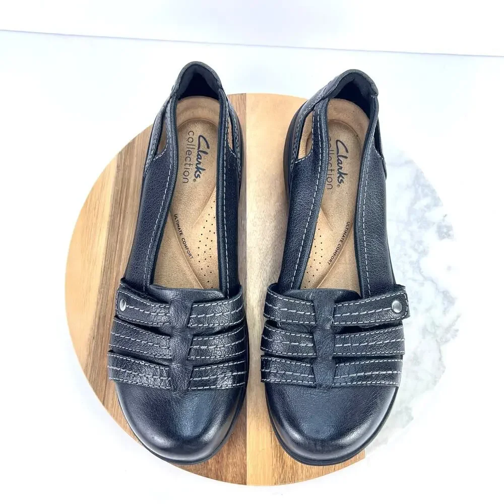 EUC Clarks Womens Carleigh Eliza Black Moccasins Leather Comfort Shoes 8.5 M